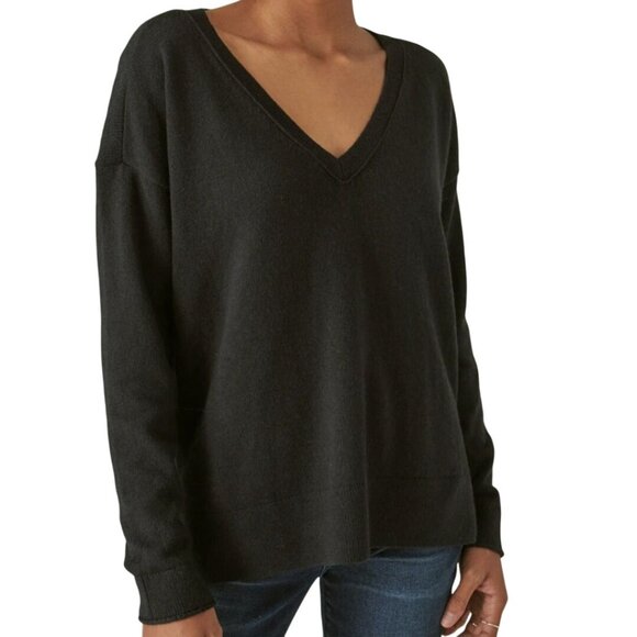 Lucky Brand NWT Cotton Blend V Neck Jet Black Sweater Capsule Wardrobe Size XL - Picture 4 of 10